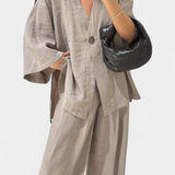 Eli Conjunto Casual Suave de Top con Cuello en V y Pantalones