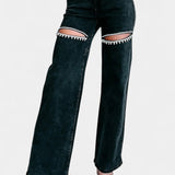 Evian Jeans Ripped Straight-Leg con Rhinestones
