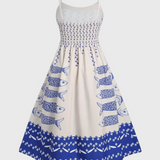 Maricela Vestido Vintage con Tirantes y Estampado de Sardinas