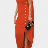 Aphrodite Vestido Asimétrico con Botones Dorados Decorativos