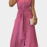 Behnaz Vestido Elegante sin Mangas con Cinturón y Cuello Camisero