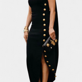 Aphrodite Vestido Asimétrico con Botones Dorados Decorativos