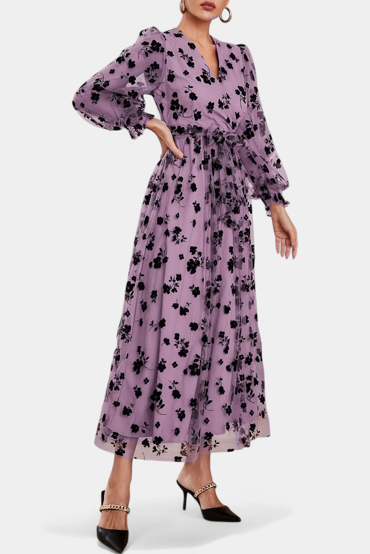 Iolanda Vestido Maxi de Encaje Floral con Mangas de Linterna