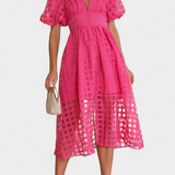 Marigold Vestido Midi de Manga Abullonada con Patrón de Cuadrados