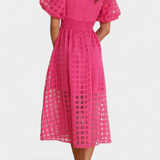 Marigold Vestido Midi de Manga Abullonada con Patrón de Cuadrados