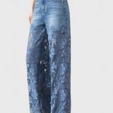 Jasiel Pantalón Palazzo de Encaje Denim con Bordado Floral