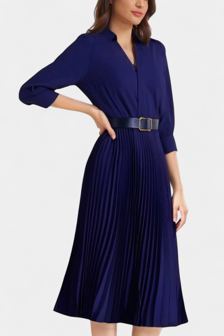 Michelle Vestido Midi con Cuello Sastrero y Cinturón Plisado