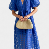 Marigold Vestido Midi de Manga Abullonada con Patrón de Cuadrados