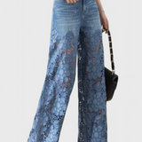 Jasiel Pantalón Palazzo de Encaje Denim con Bordado Floral
