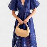 Marigold Vestido Midi de Manga Abullonada con Patrón de Cuadrados