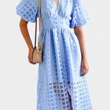 Marigold Vestido Midi de Manga Abullonada con Patrón de Cuadrados