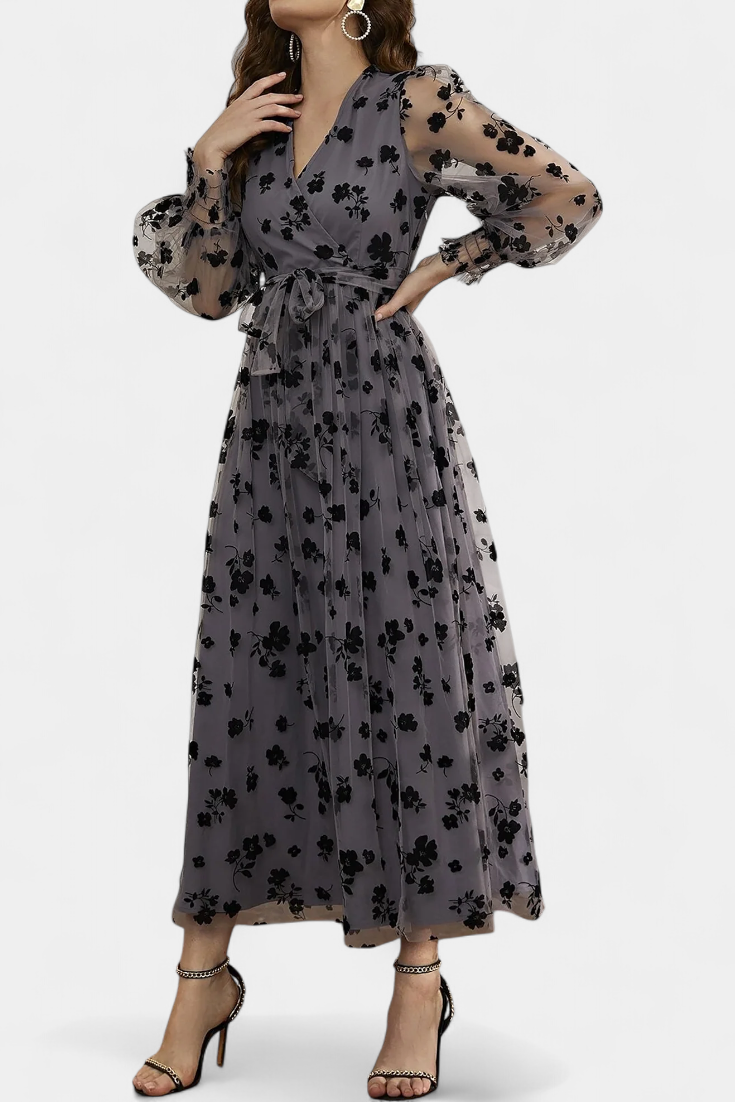 Iolanda Vestido Maxi de Encaje Floral con Mangas de Linterna